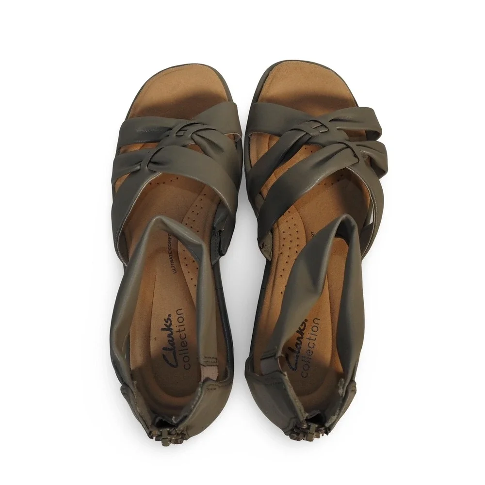 Clarks Clara Rae Wedge Sandals Womens 8.5M Olive Green Ankle Strap 61415466